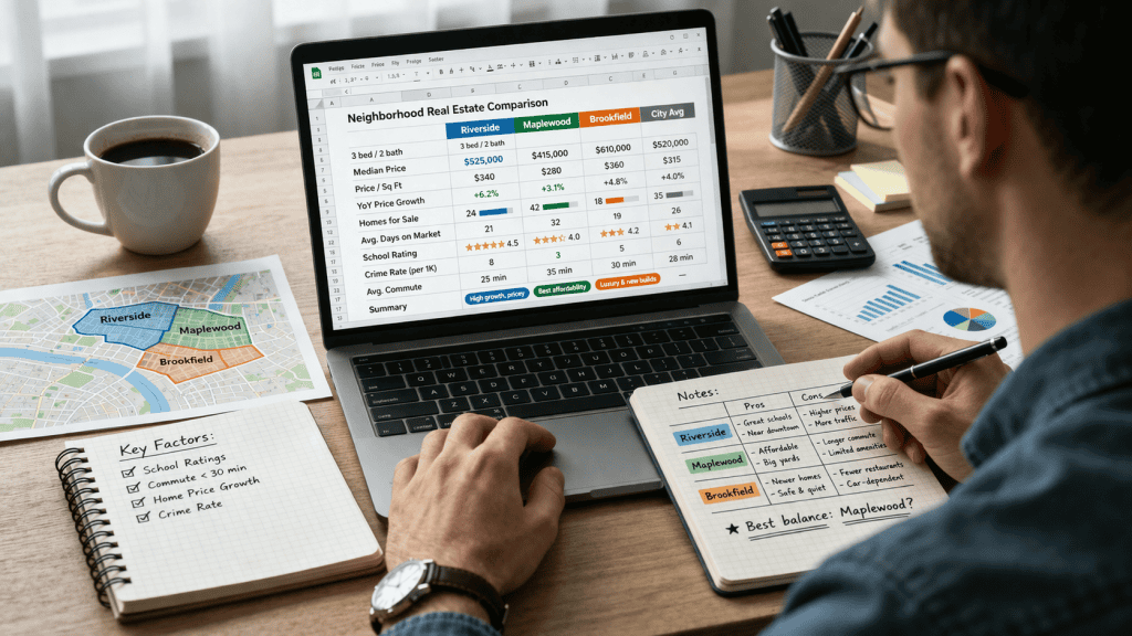Researcher comparing neighborhood housing data with notes and coffee nearby.