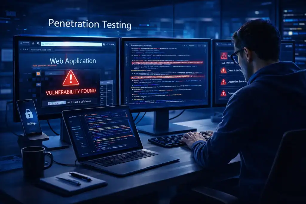 Penetration Testing scene showing an ethical hacker assessing a web applicatio