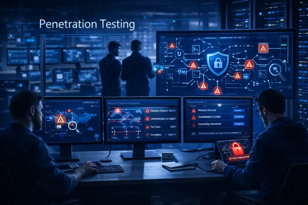 Penetration Testing concept with a security team evaluating network defenses