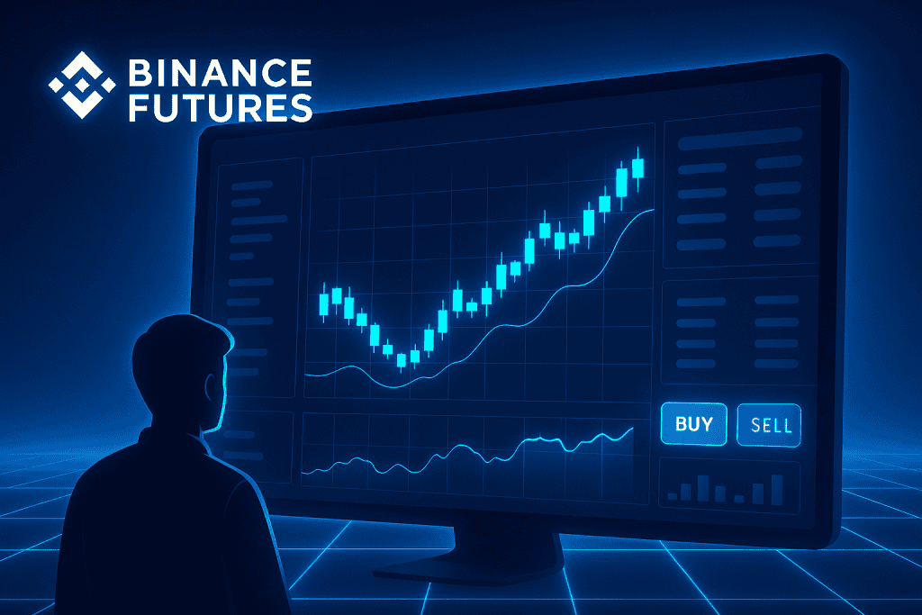 Binance Futures' platform with a sleek trading dashboard in action.