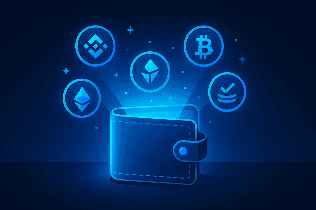 A digital wallet glowing with vibrant tokens and staking icons.