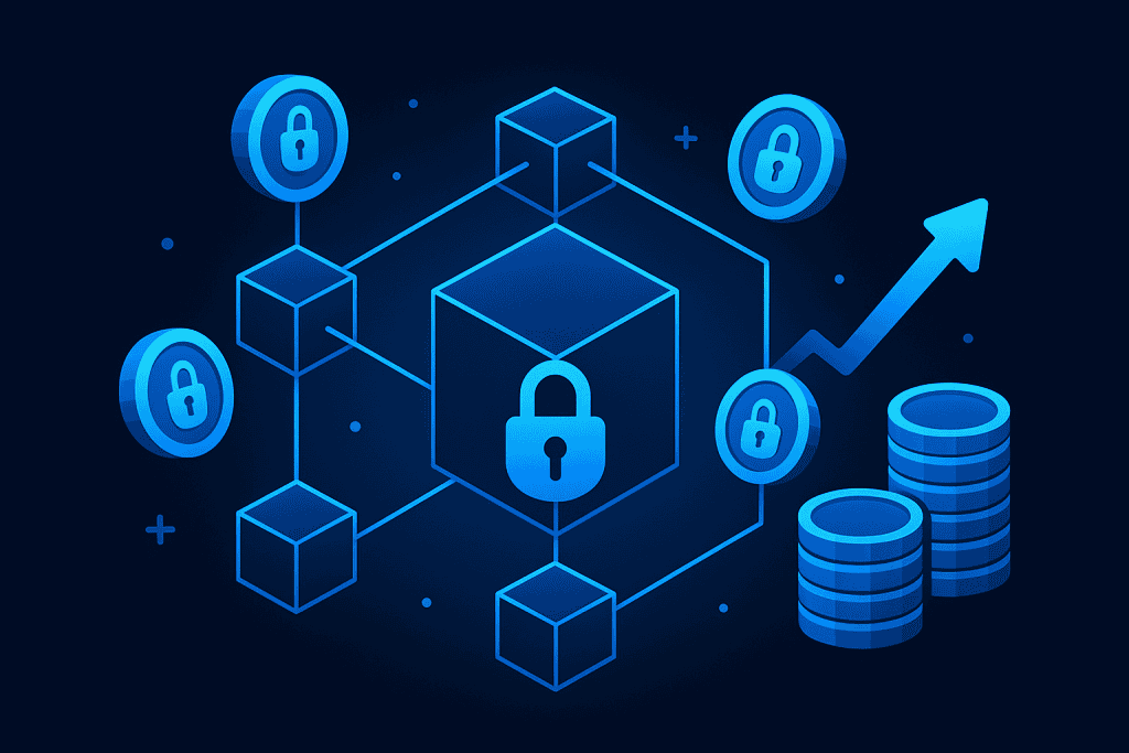 A blockchain network visualized with locked tokens generating passive income.