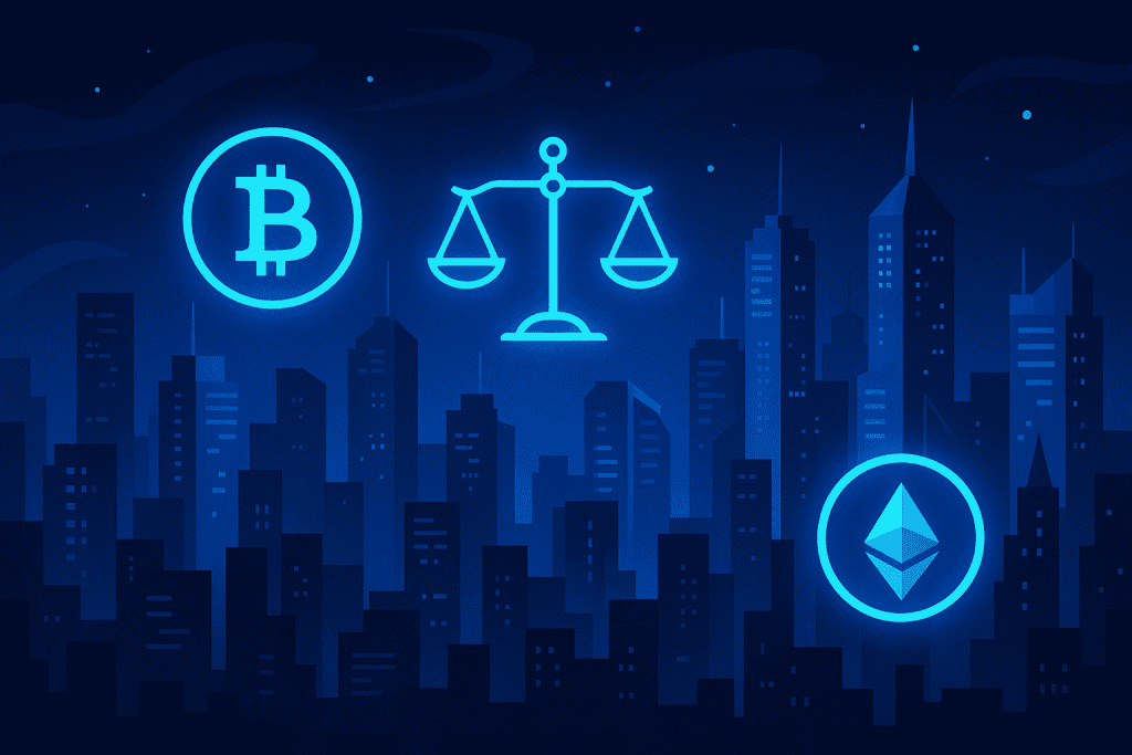A futuristic cityscape with crypto symbols and legal scales glowing.