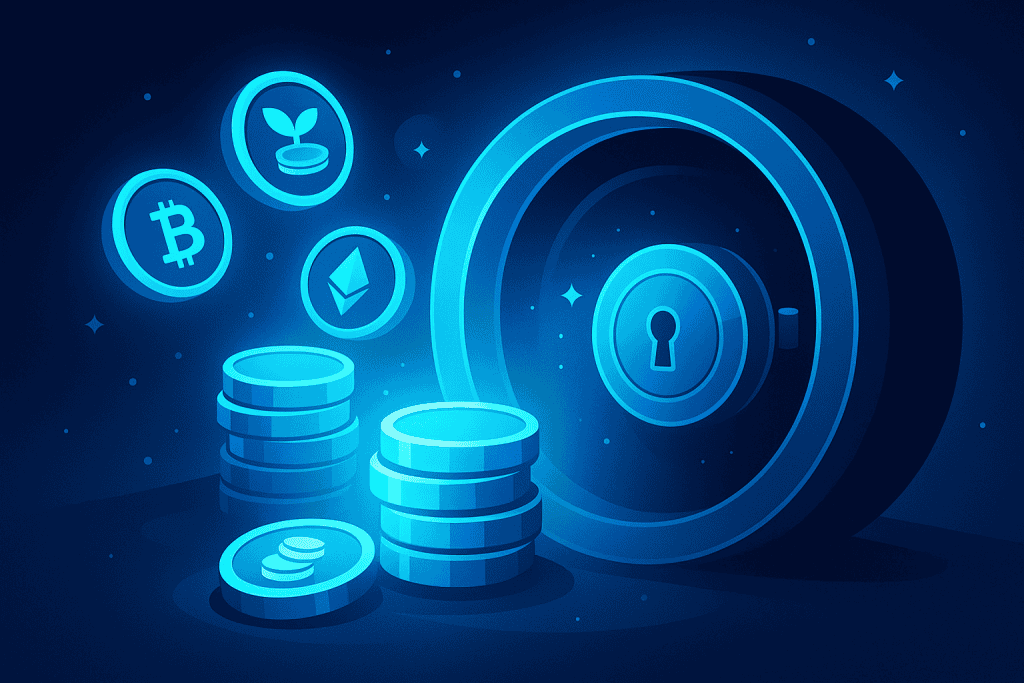 A futuristic vault with glowing coins representing crypto staking rewards.