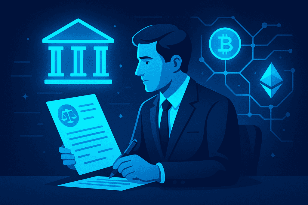 A government official analyzing cryptocurrency laws with digital blockchain visuals.