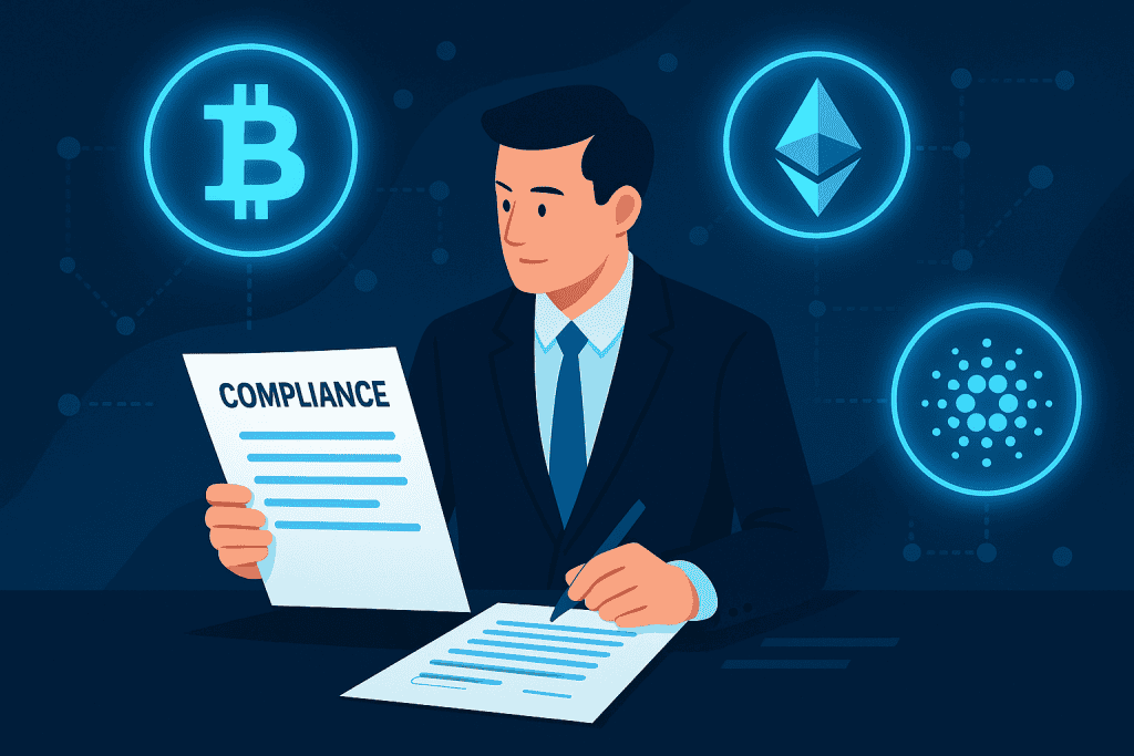 A businessman reviewing compliance documents surrounded by crypto coin graphics.