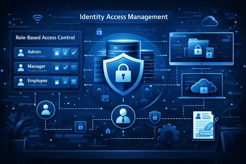 Identity Access Management system illustrating employee permissions, role-based access control, and secure data protection workflow