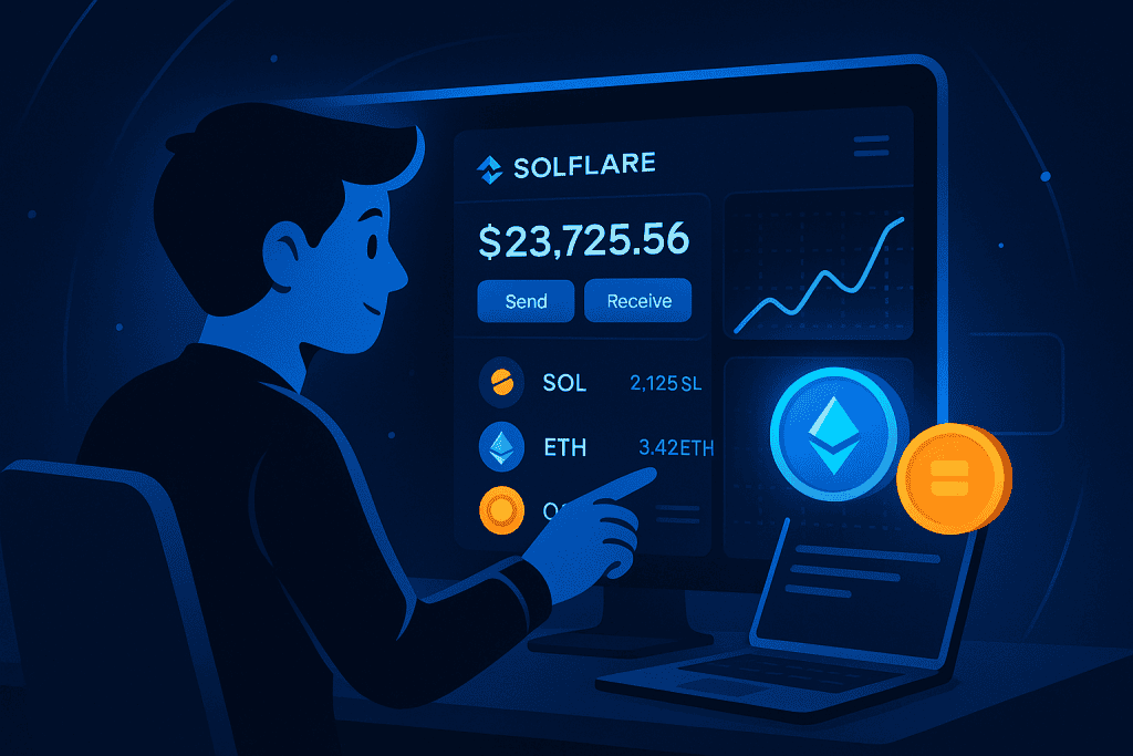 A user managing crypto assets on Solflare Wallet via sleek interface.