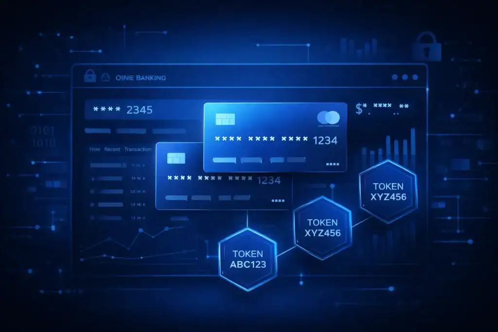 Data Masking for finance: masked credit card numbers and token icons over a banking interface.