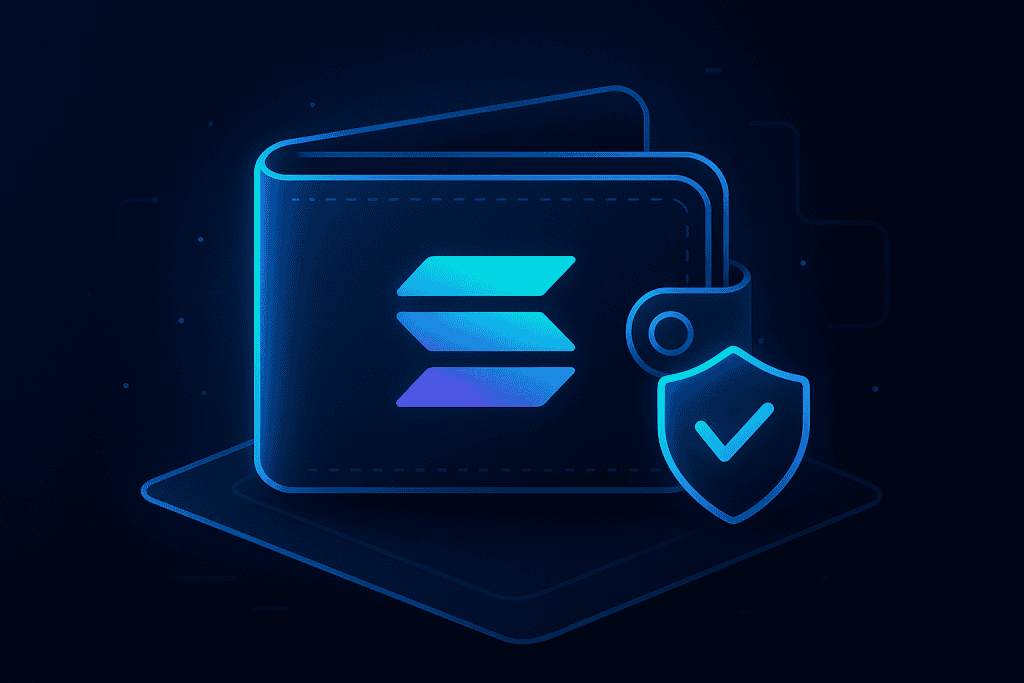 A futuristic digital wallet with glowing Solana logo and security shield.