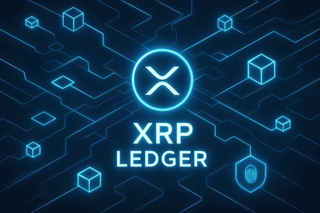 Futuristic digital network with XRP Ledger blockchain glowing in neon blue.