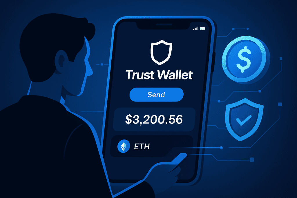 Trust Wallet interface on mobile screen with secure digital transaction theme.