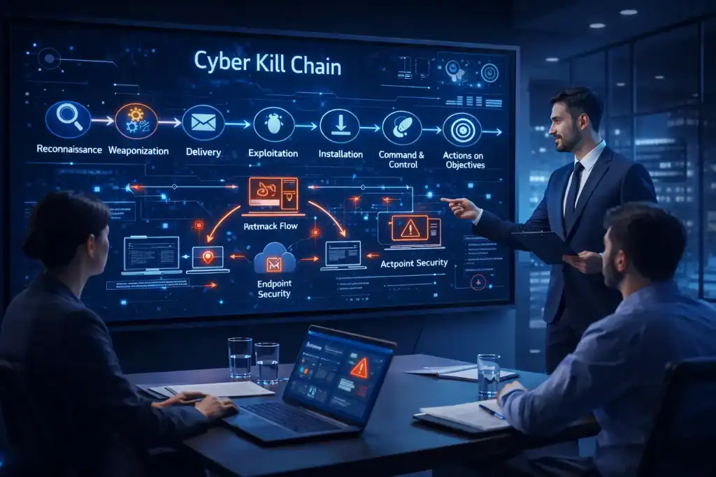 A professional IT team reviewing the Cyber Kill Chain