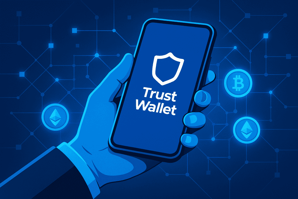 Hand holding smartphone displaying Trust Wallet app with blockchain network background.