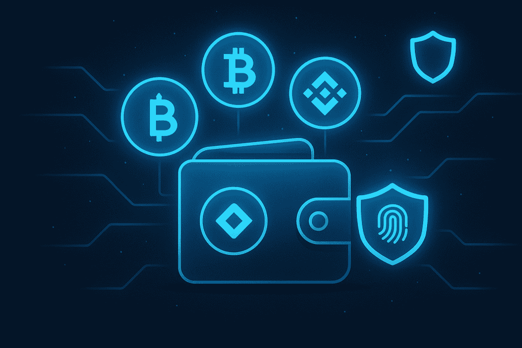 A digital wallet with cryptocurrency icons, security shield, and Trust Wallet logo.