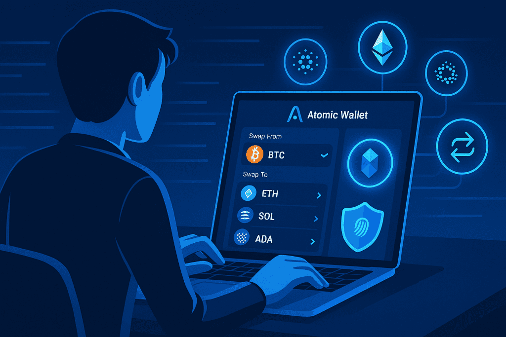 Person using Atomic Wallet on a laptop, reviewing available cryptocurrencies for a cross-chain swap.