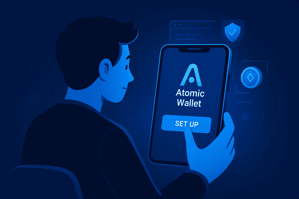 User setting up Atomic Wallet on a smartphone.
