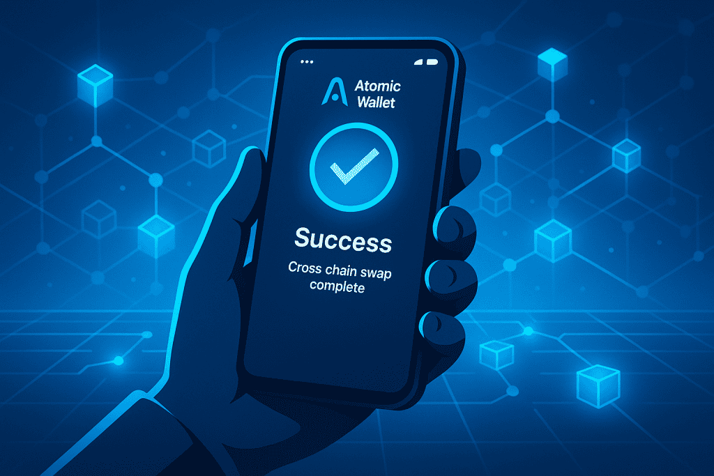 Successful Atomic Wallet transaction screen showing a completed cross-chain swap