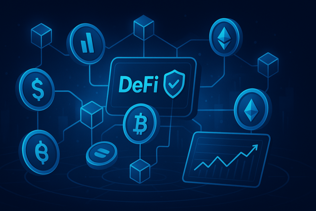 Futuristic blockchain network with DeFi icons, digital coins, and charts.