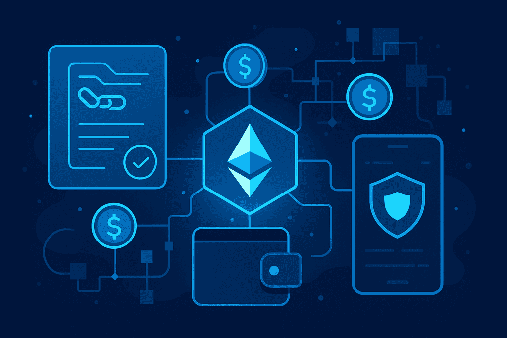 Smart contracts, cryptocurrency wallets, and decentralized finance ecosystem illustration.