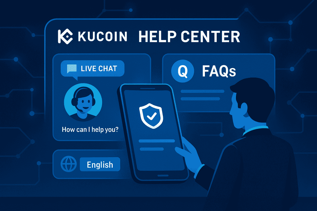KuCoin help center with live chat support, FAQs, and multilingual interface options.