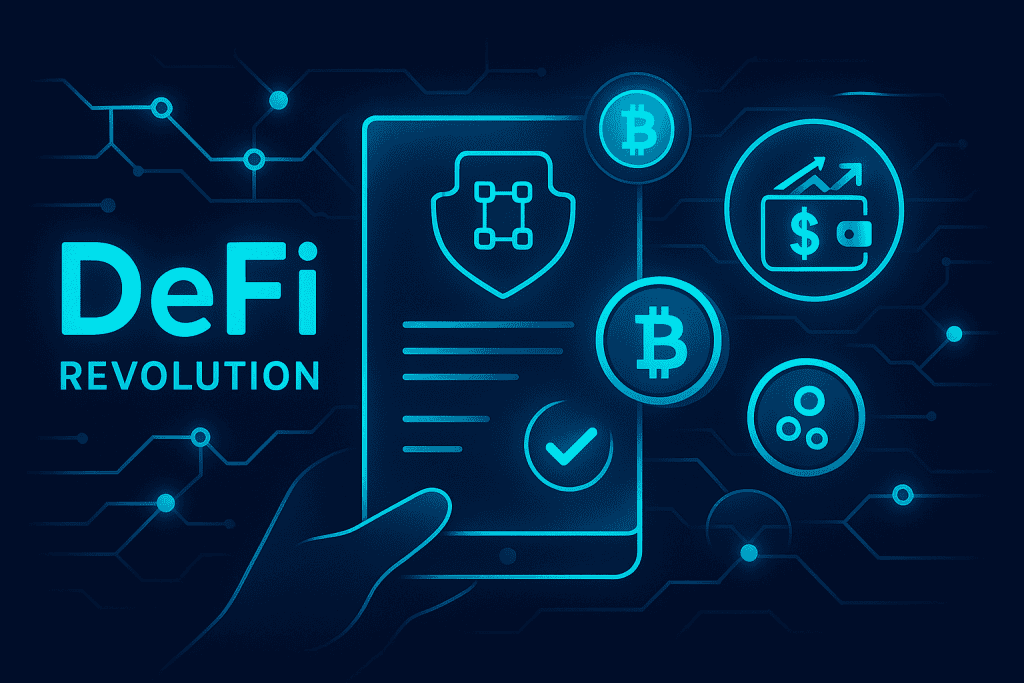 DeFi revolution concept with blockchain, tokens, and financial freedom imagery.
