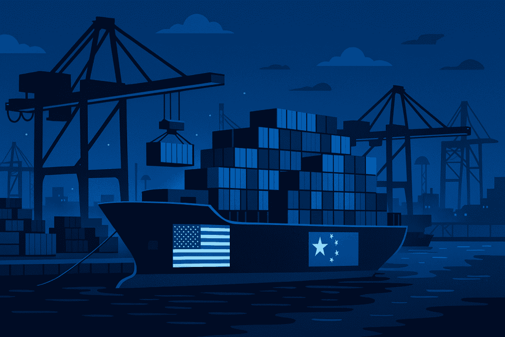 A container ship docked at a busy port, symbolizing global trade tensions amid the U.S.-China trade war.