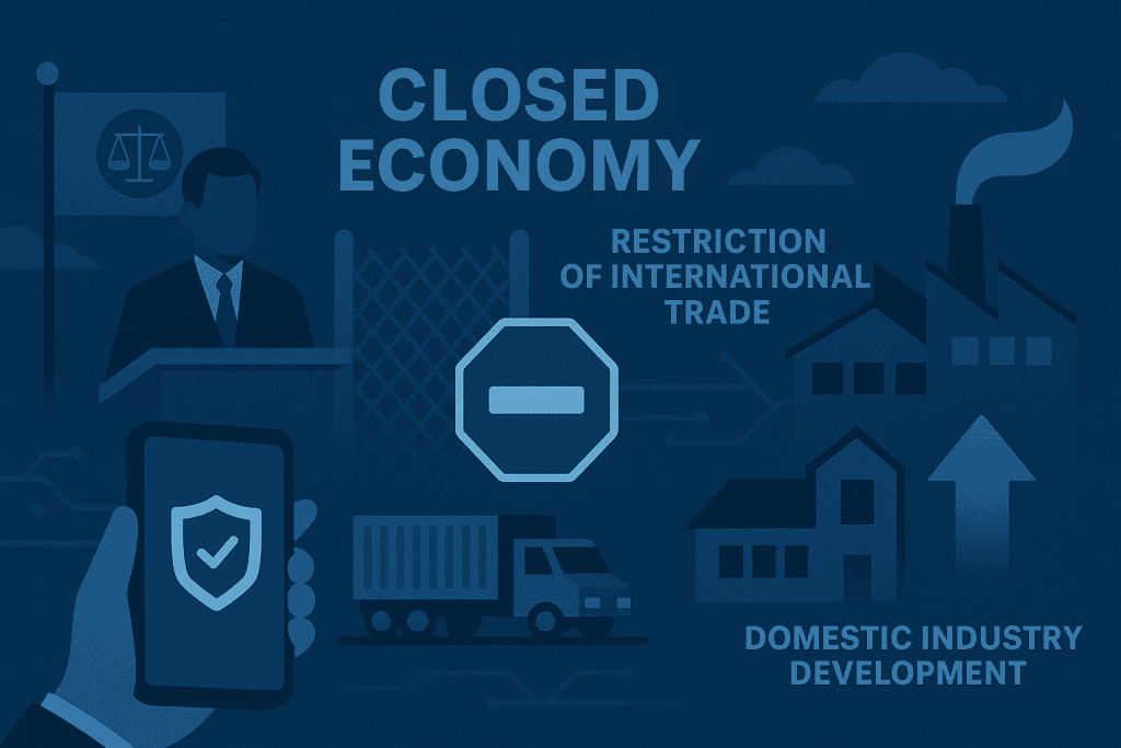 Illustration of government-imposed restrictions in a closed economy, including trade barriers and domestic industry development.