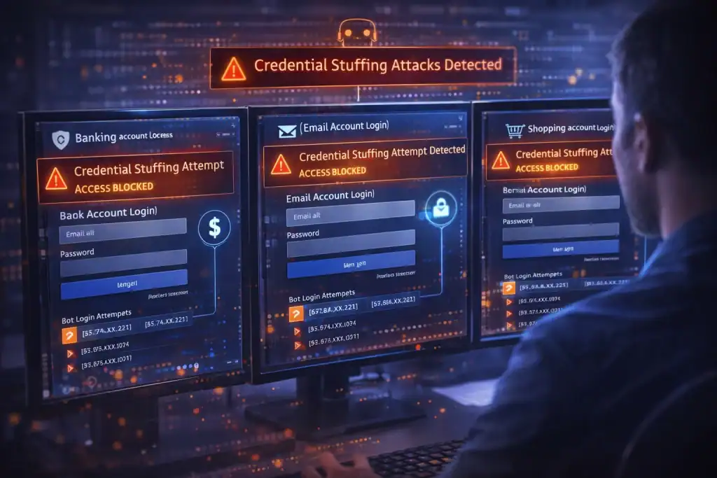 Cybersecurity analyst monitoring Credential Stuffing attempts