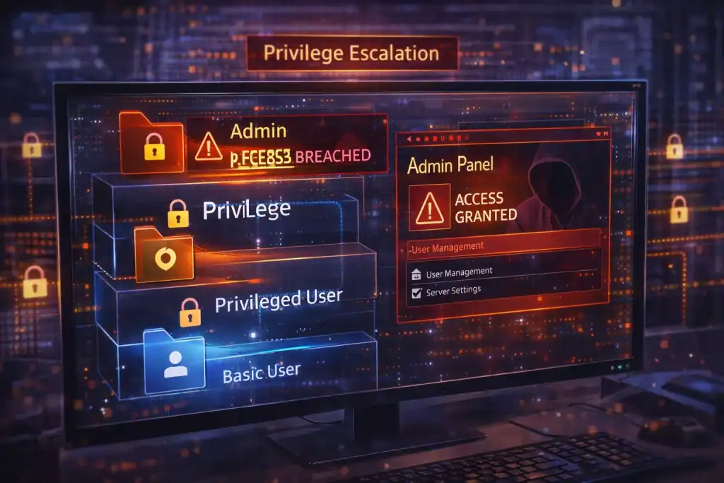 Privilege Escalation attack visual with layered system permissions