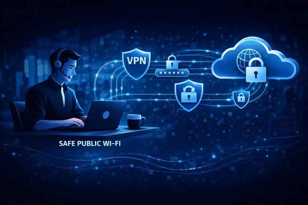 Network Security visual featuring a remote worker using a laptop on secure public Wi-Fi with VPN