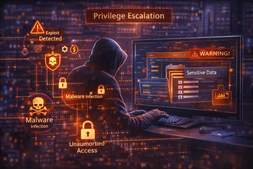 Cybersecurity scene illustrating Privilege Escalation