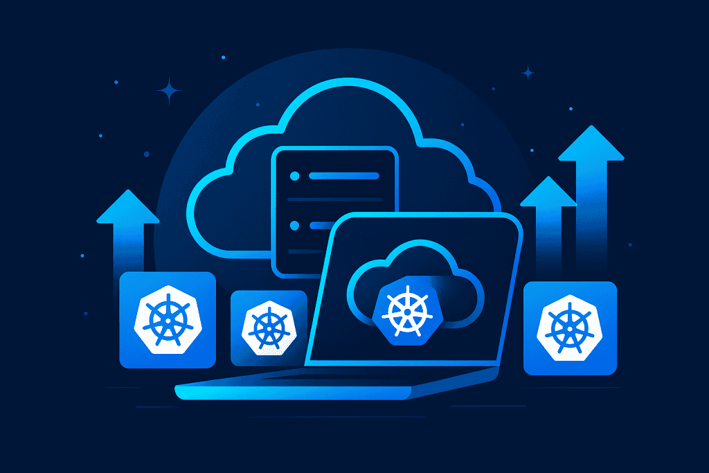 Kubernetes 클러스터 아이콘 및 스케일링 화살표가 있는 클라우드 인프라.