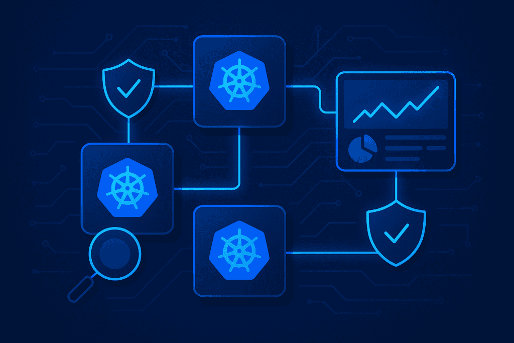 보안 쉴드 및 모니터링 도구가 포함된 Kubernetes 노드 다이어그램.