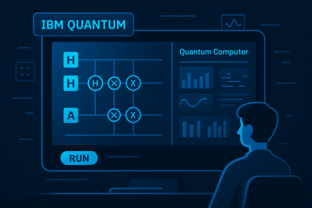 BM Quantum Computer interface showcasing quantum circuits and simulations for beginners in quantum computing.