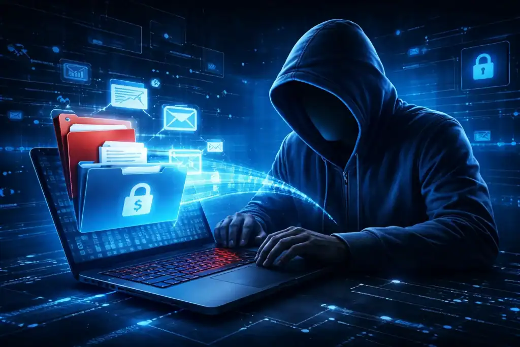 Data Exfiltration illustration of a hacker secretly transferring confidential business data