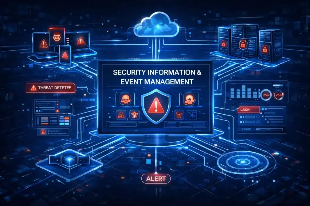 Security Information and Event Management visualization with cloud, endpoints, and servers