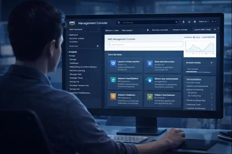 AWS management console interface a user exploring it.