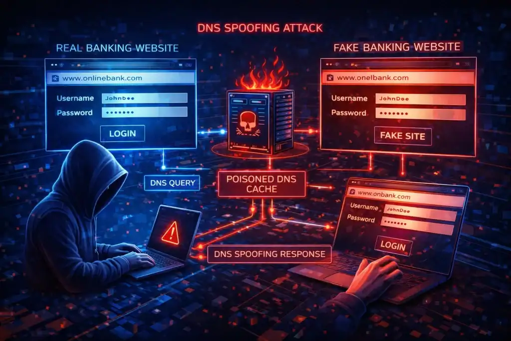 DNS Spoofing concept with a fake banking website
