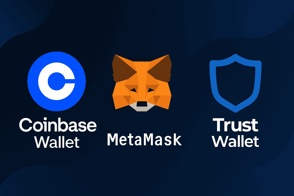 Collage of Coinbase wallet, metamask and trust wallet