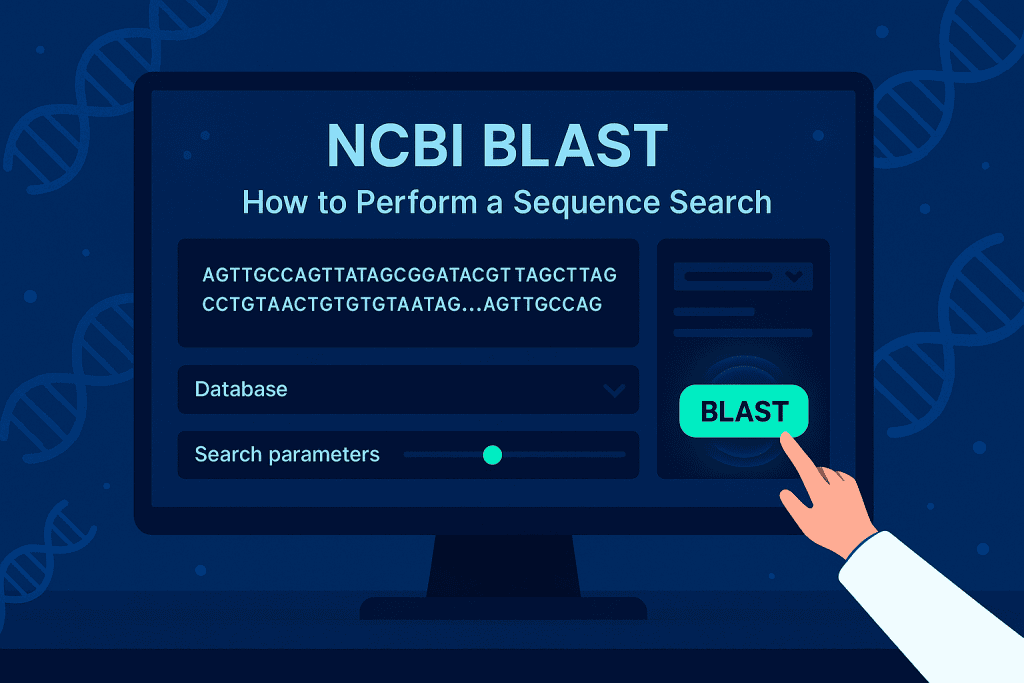 NCBI BLAST interface showing input fields for sequence, database selection, and search parameters.