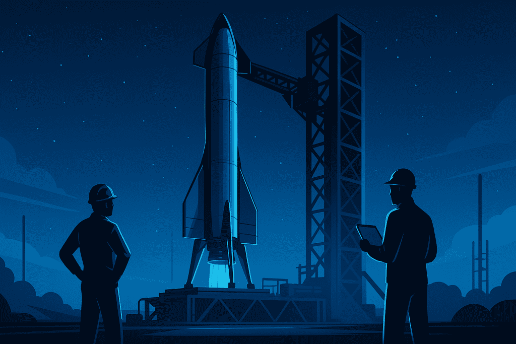 SpaceX Starship on launch pad with engineers preparing.