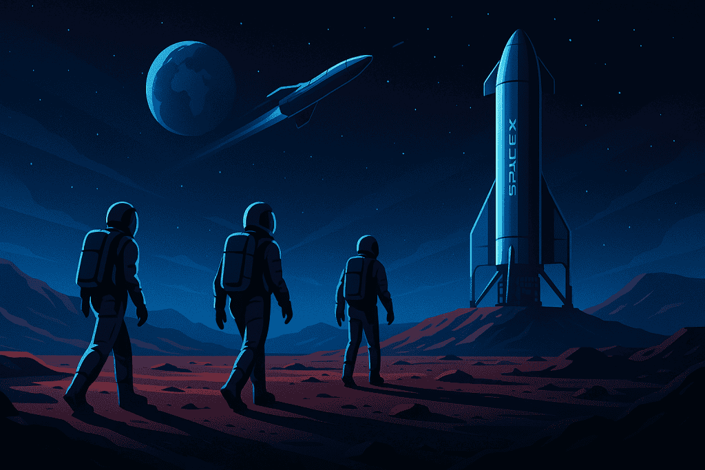 Humans walking on Mars surface under SpaceX mission.