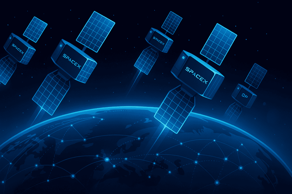 Starlink satellite array showing SpaceX’s global communication ambitions.
