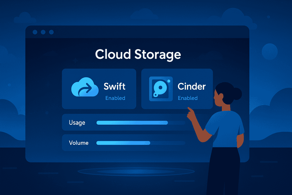 Cloud storage dashboard showing Swift and Cinder setup,