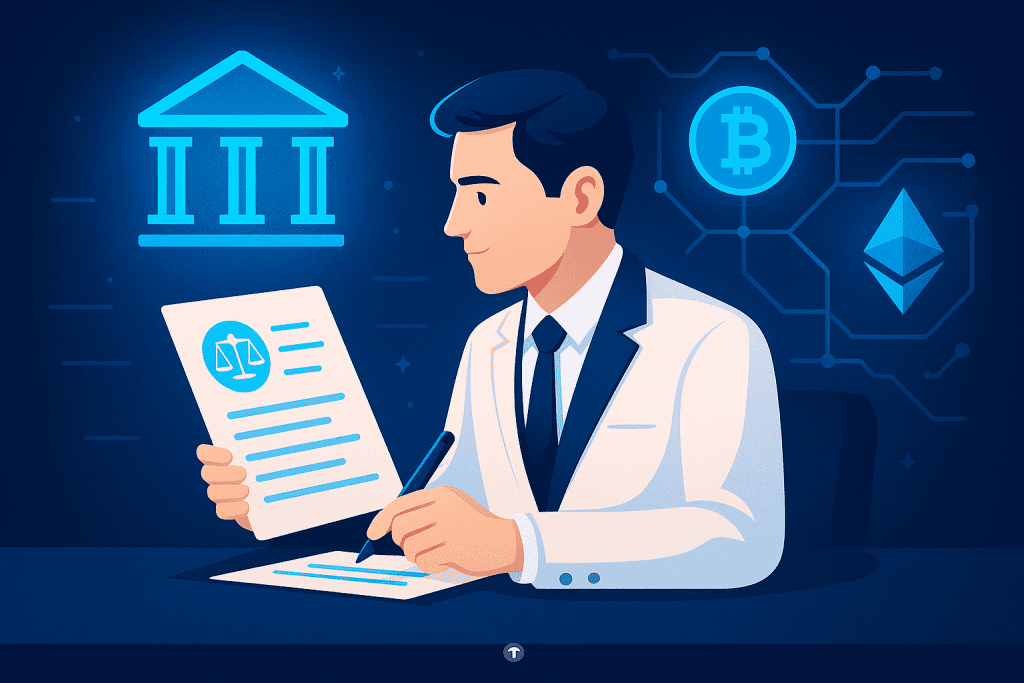 A government official analyzing cryptocurrency laws with digital blockchain visuals.