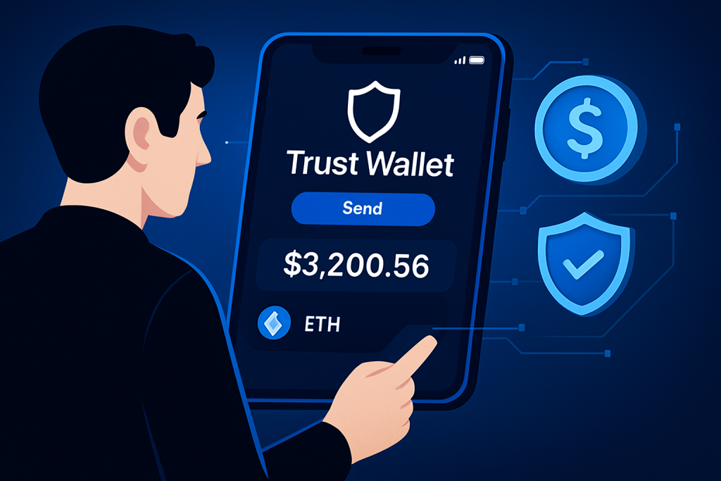Trust Wallet interface on mobile screen with secure digital transaction theme.