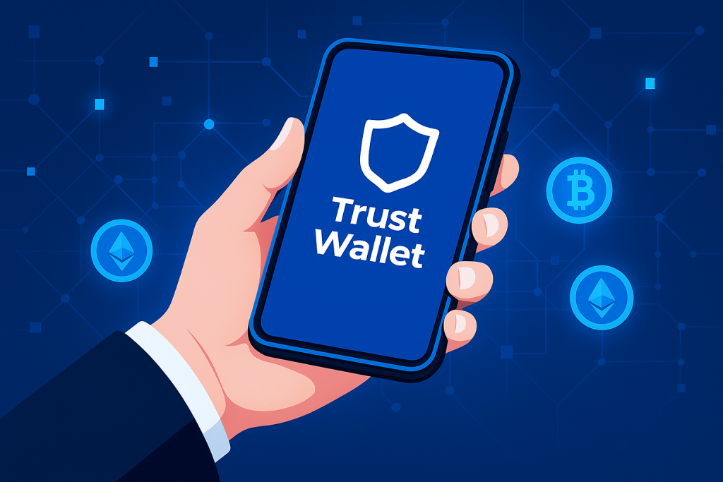 Hand holding smartphone displaying Trust Wallet app with blockchain network background.