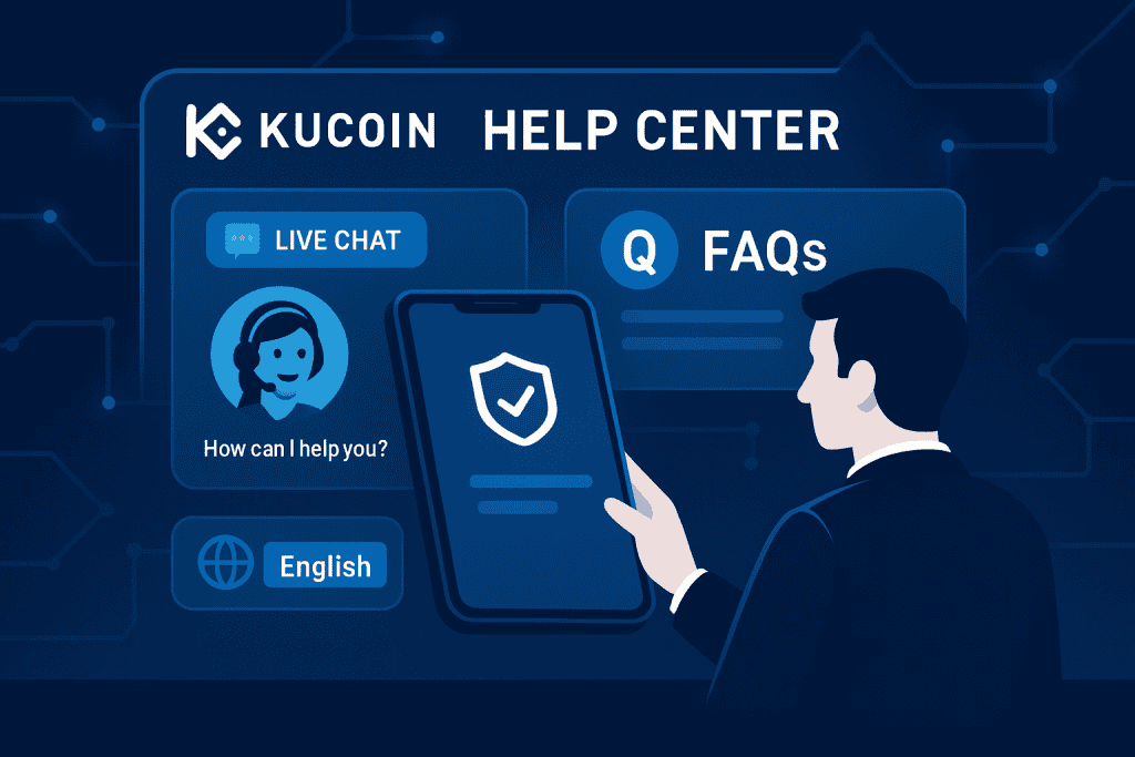 KuCoin help center with live chat support, FAQs, and multilingual interface options.