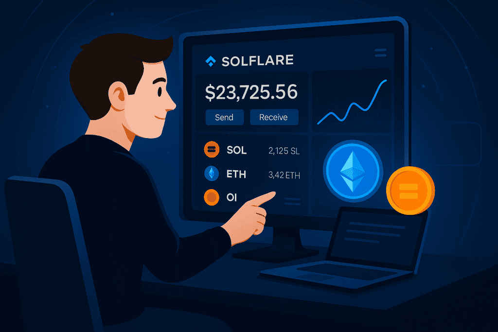 A user managing crypto assets on Solflare Wallet via sleek interface.